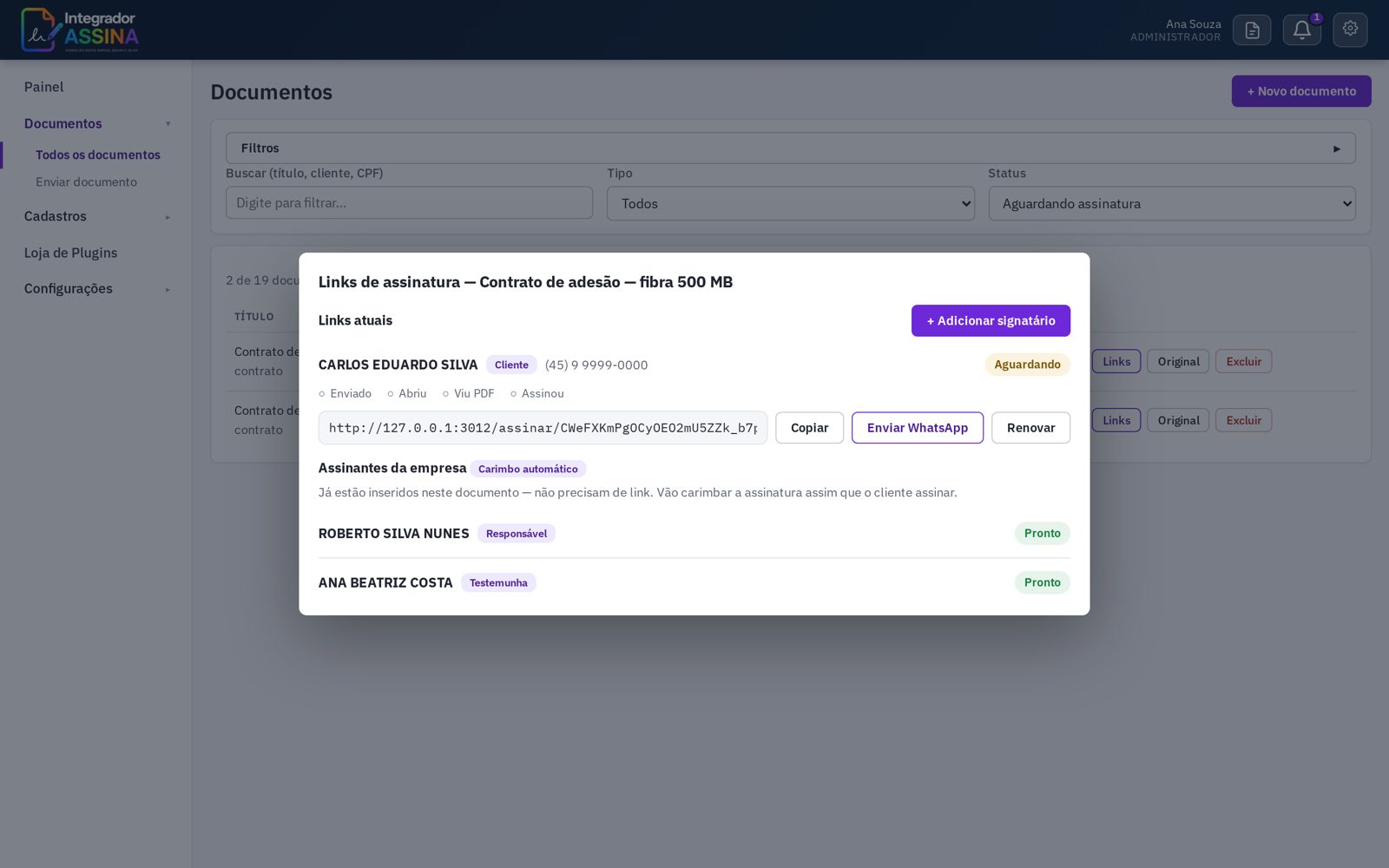 Quadro de links com o funil de acompanhamento