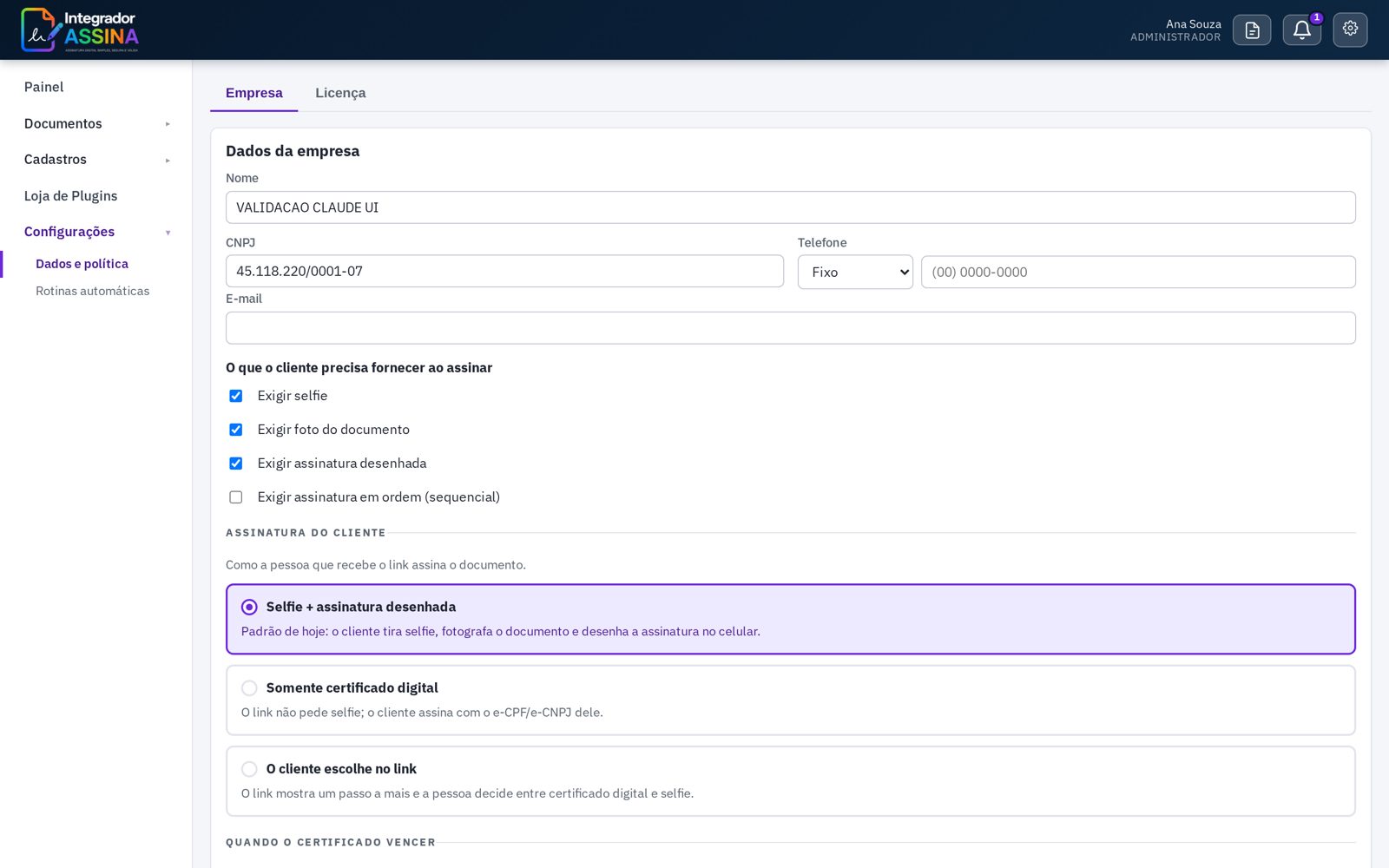 Configurações da empresa