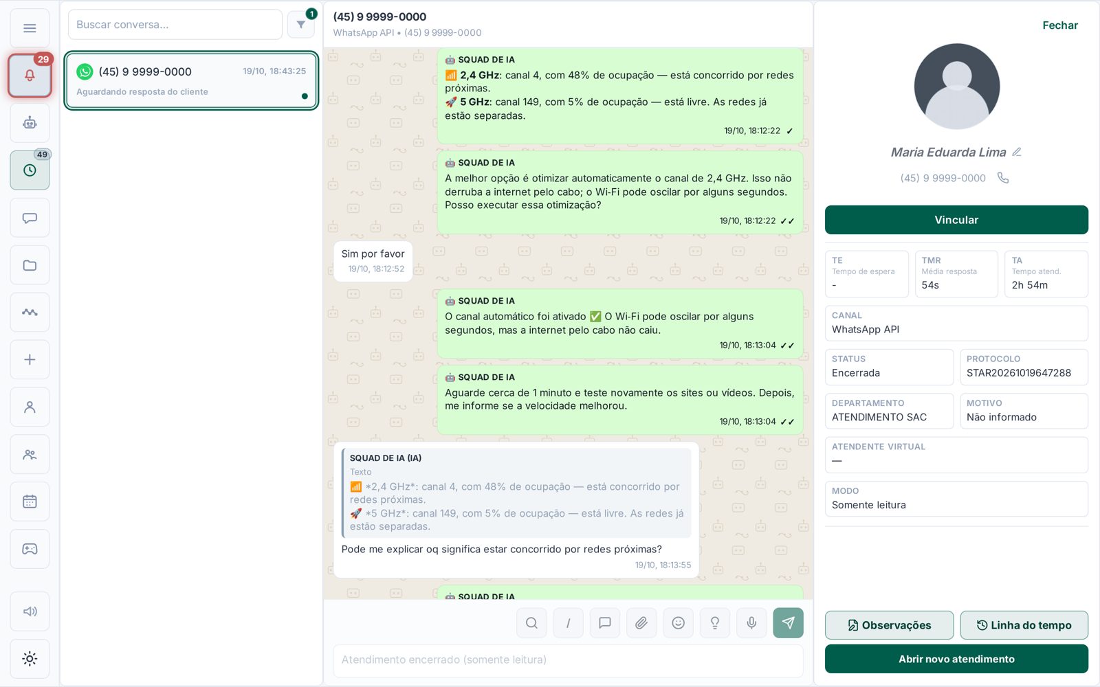 Conversa encerrada, em somente leitura, com mensagens da IA, uma citação, a barra de ferramentas e a ficha do contato