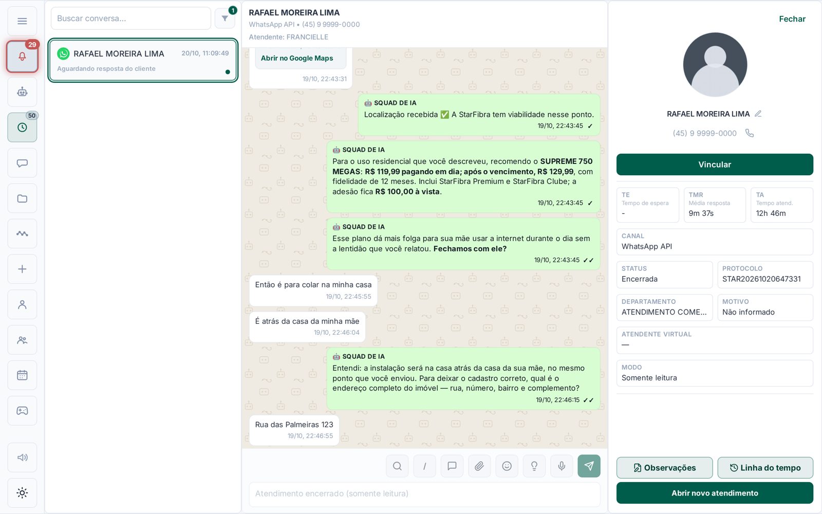 Conversa de venda: a IA confirma que há viabilidade no local enviado pelo cliente, recomenda o plano e pede o endereço completo da instalação