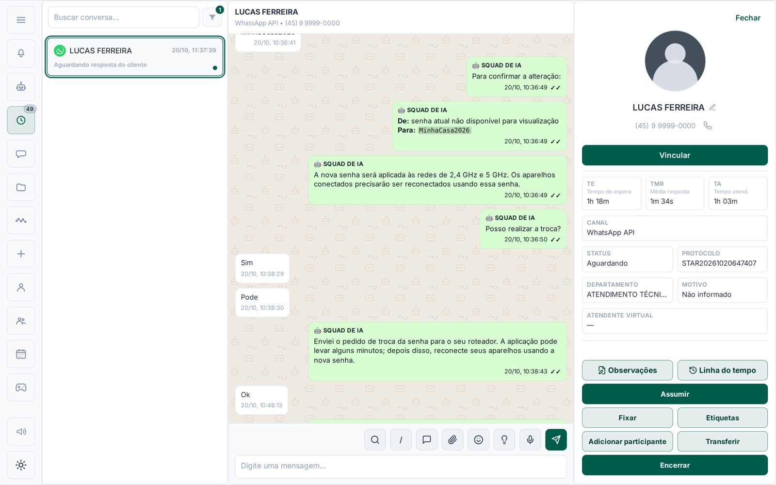 A IA confirma a troca da senha do Wi-Fi com o cliente antes de aplicar nas redes de 2,4 e 5 GHz