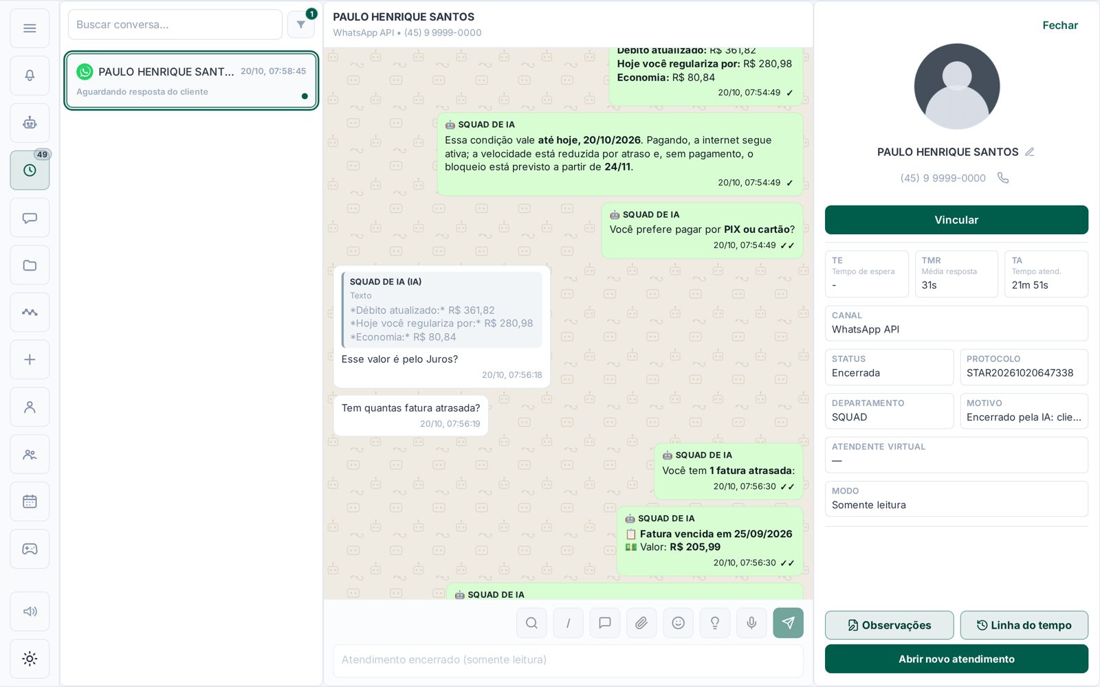 Conversa em que o atendente virtual apresenta o débito atualizado, o valor para regularizar hoje e a economia