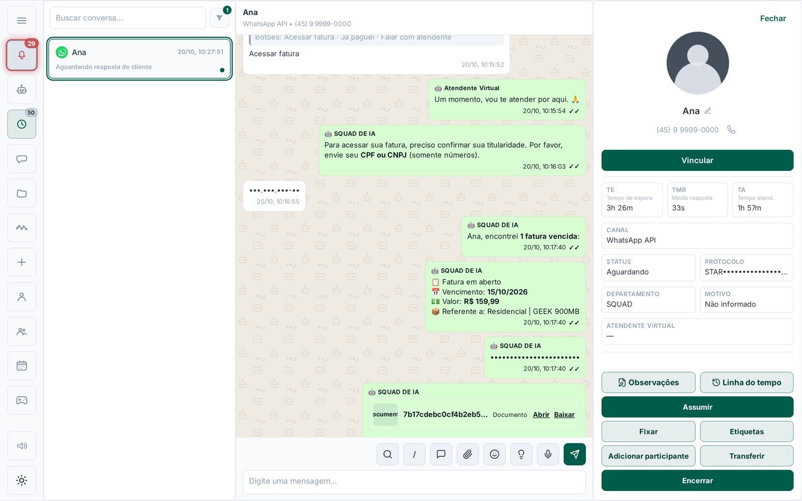 A IA confirma o CPF ou CNPJ do titular antes de mostrar a fatura em aberto; o número digitado aparece mascarado