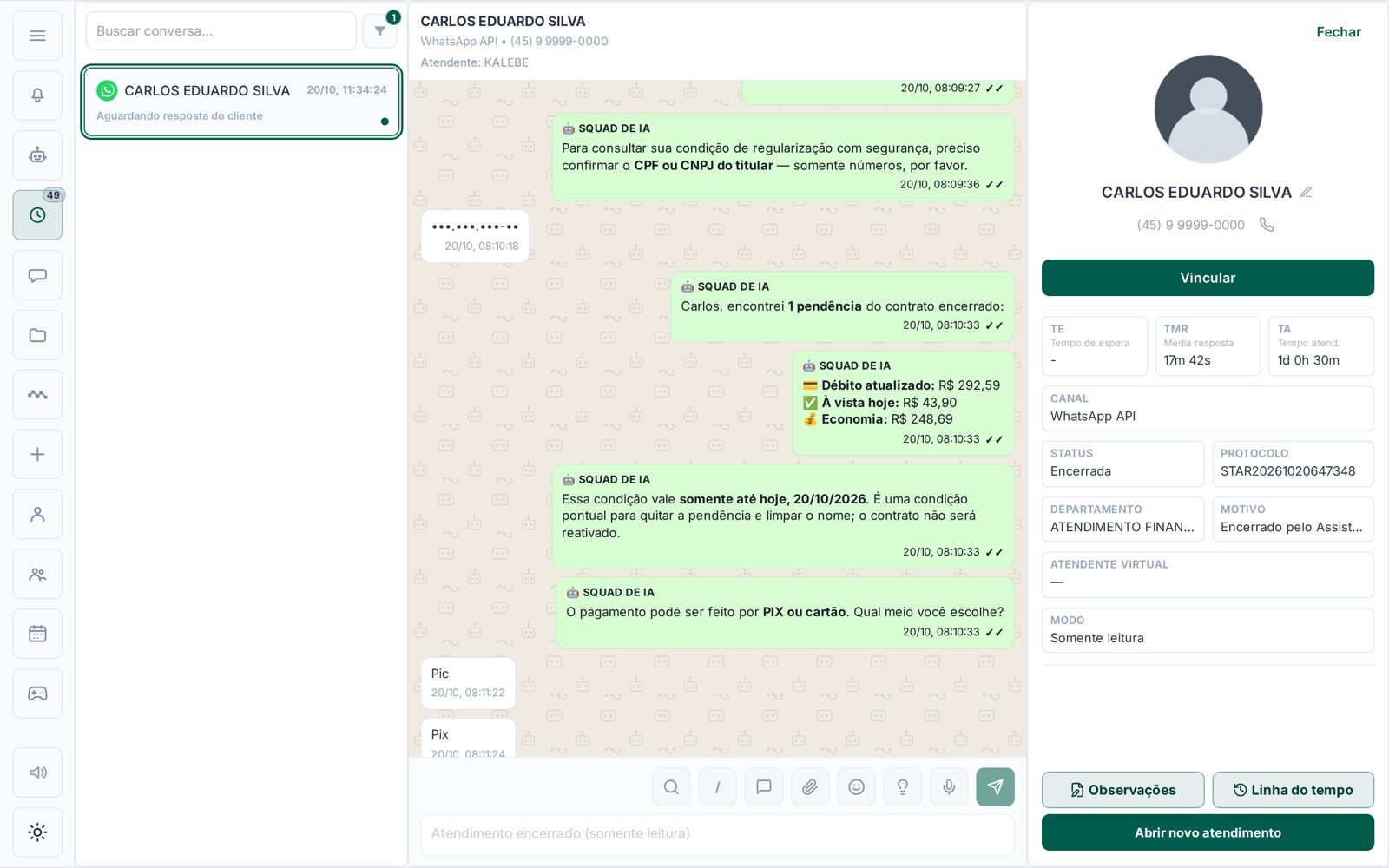 Regularização de contrato encerrado: a IA apresenta o débito atualizado, a condição à vista e o prazo da oferta