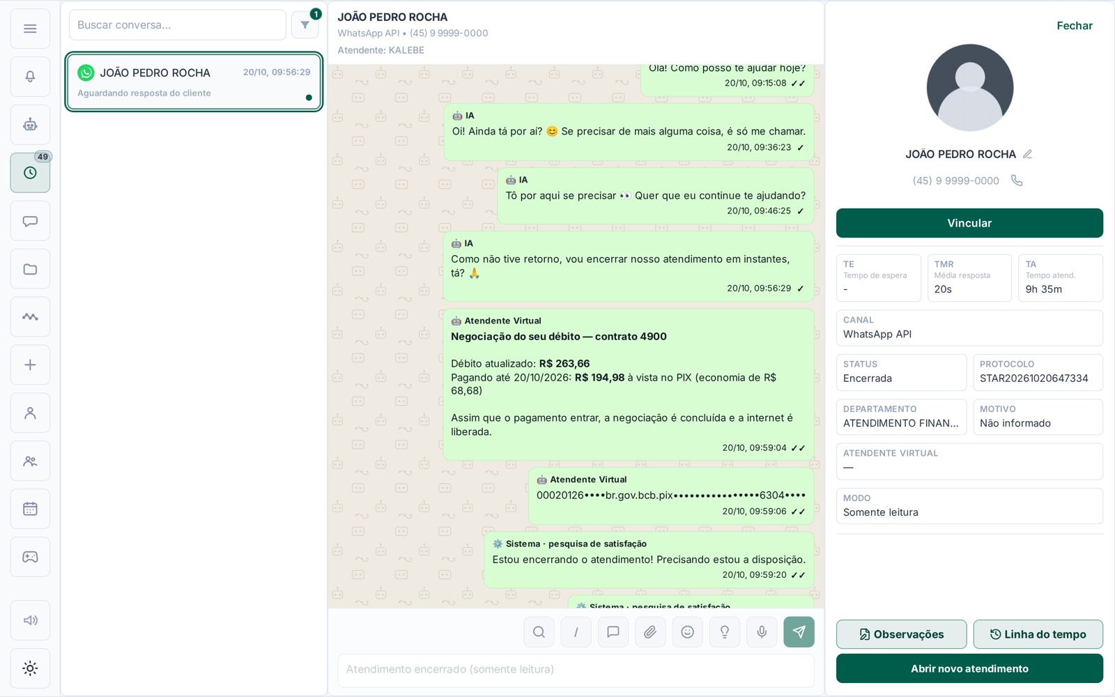 Negociação do débito de um contrato, com valor atualizado, valor à vista no Pix e o código de pagamento