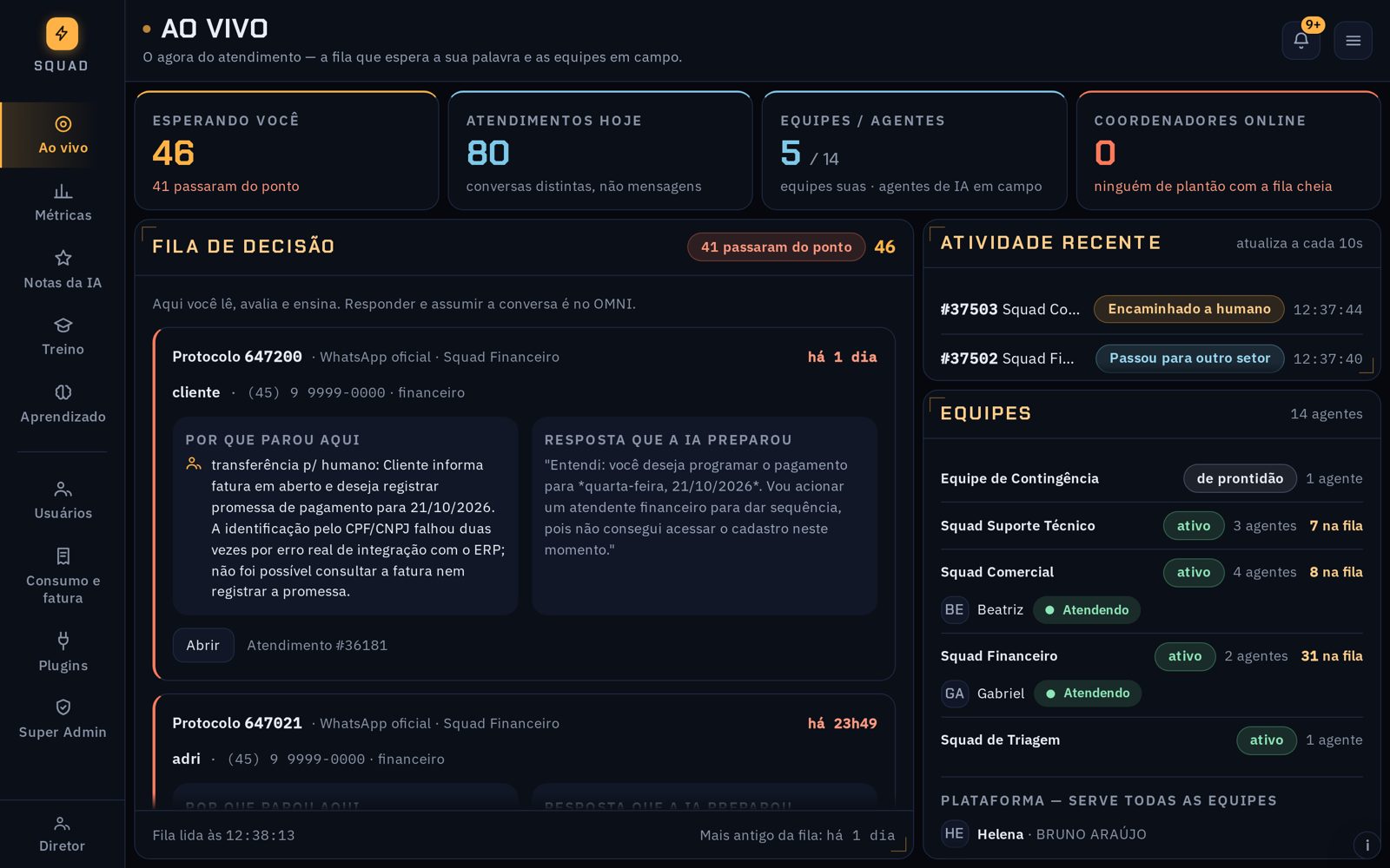 Tela Ao vivo: cartões de resumo, fila de decisão à esquerda, atividade recente e equipes à direita