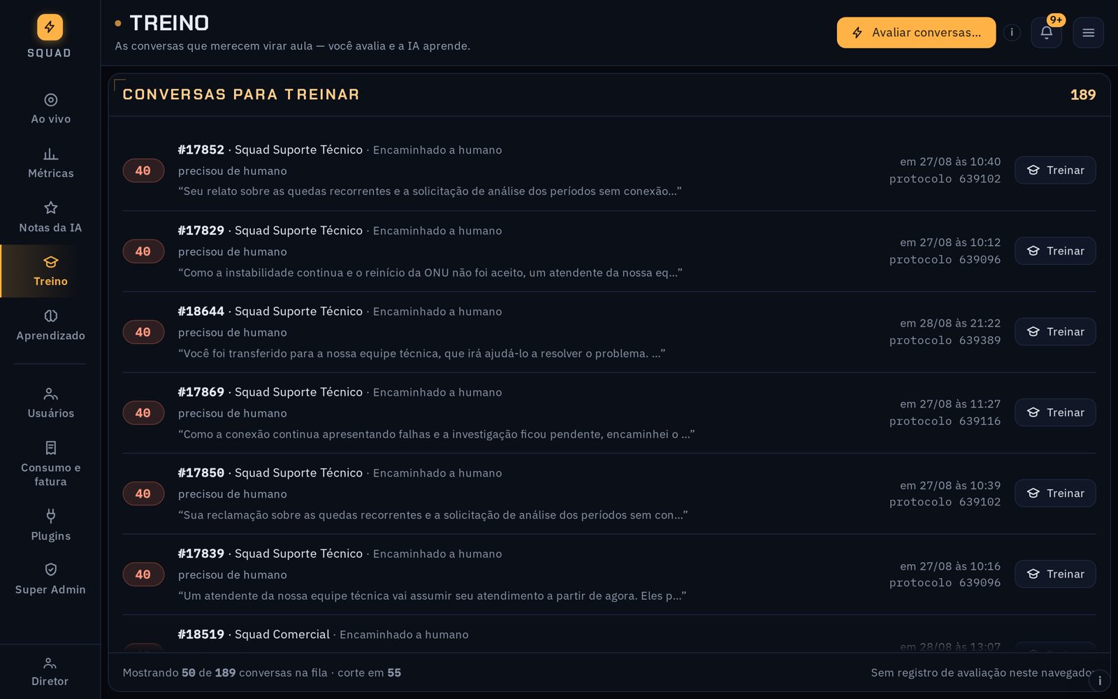Tela Treino com a fila de conversas para treinar e a nota de cada uma